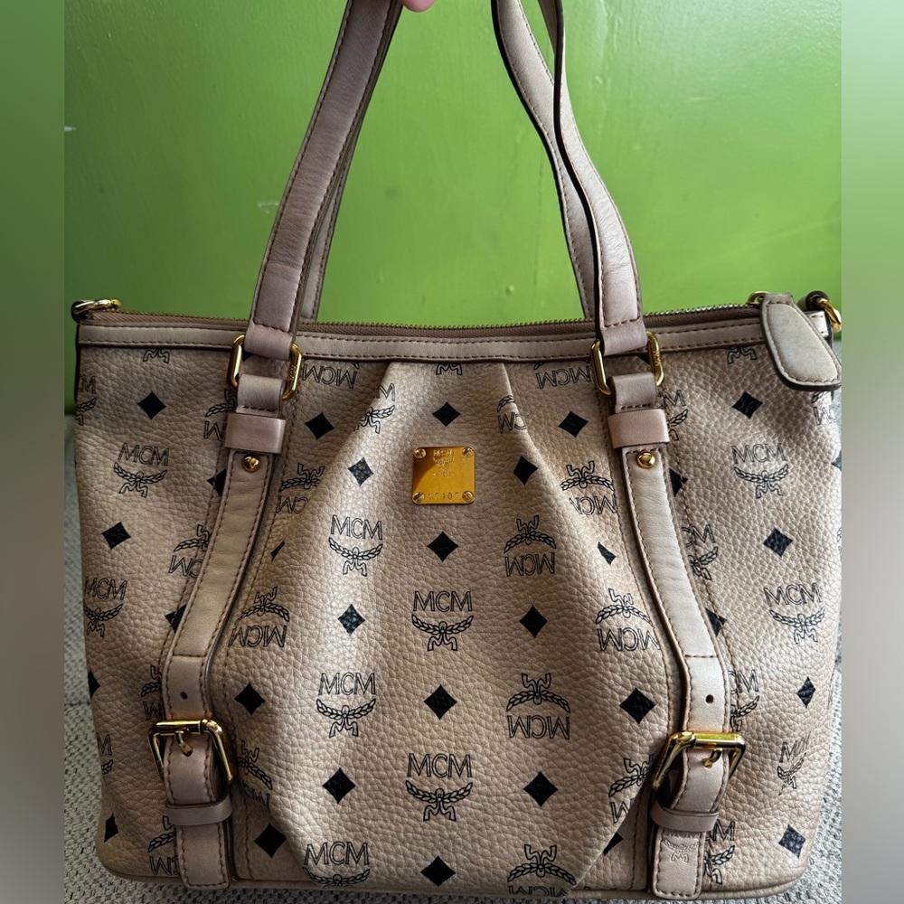 MCM Beige and Gold Logo Tote